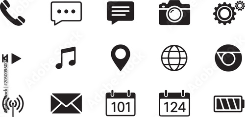 Black and white icons for communication technology and social media  isolated on white background