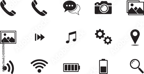Black and white collection of various technology and media icons on white background