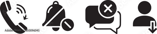 Black and white icons of phone call rejected and blocked on transparent background