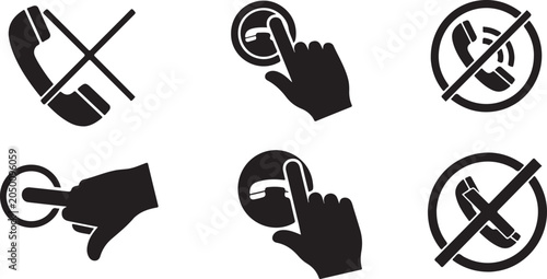 Black icons of hands and phones with prohibition signs on white background