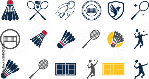 Valokuva Badminton sports icon set shuttlecock racket court player silhouette champion to