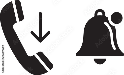 Phone handset with downward arrow and ringing bell icon