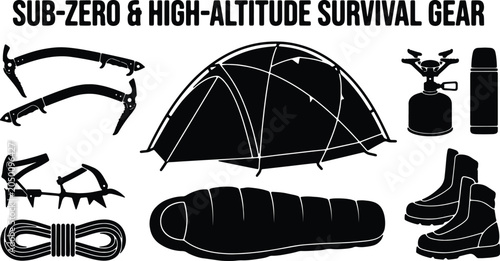 Quadro em tela Sub-Zero & High-Altitude Survival Gear Icons: Ice Axes, Tent, Stove, Sleeping Ba