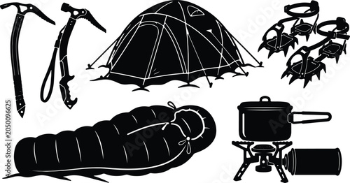Foto Outdoor Camping Gear Vector Icons: Tent, Sleeping Bag, Ice Axe, Stove, Crampons,