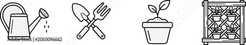 Foto Urban gardening line art icon set featuring watering can, gardening tools, potted plant, and vertical garden trellis