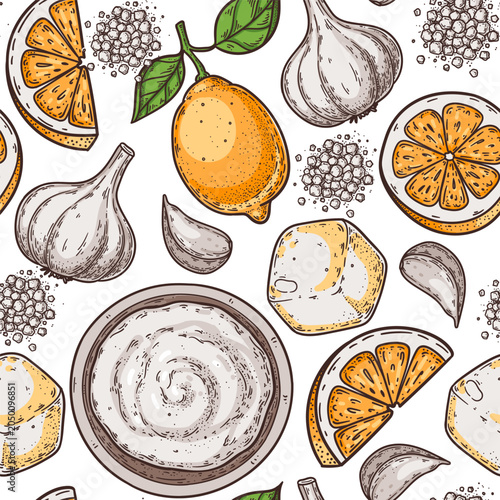 Tableau sur toile Garlic sauce ingredients vector seamless pattern, vintage colored engraving aiol