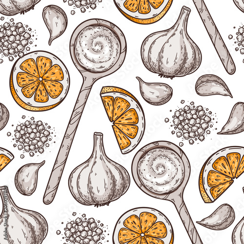 Tableau sur toile Garlic sauce aioli ingredients vector seamless pattern, vintage colored engravin