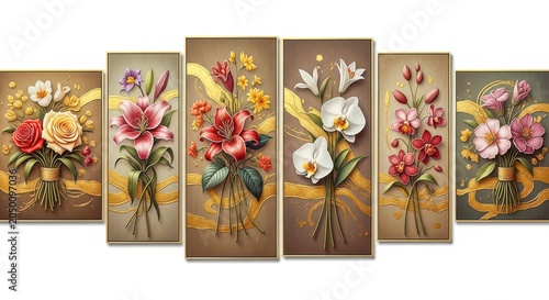 Set of five framed floral paintings with gold accents