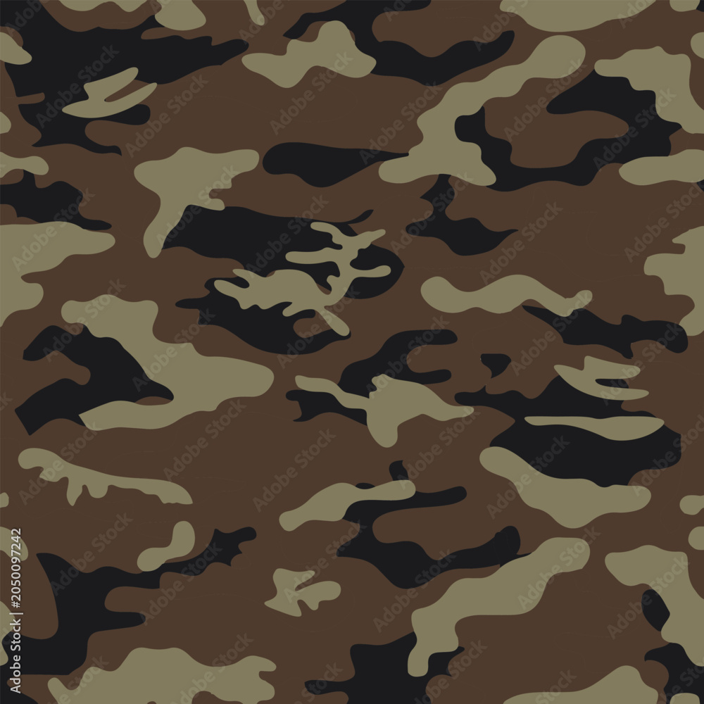Fototapeta premium Seamless brown, olive green, and black camouflage pattern for fabric, hunting gear, tactical outfits, military design, outdoor accessories, and backgrounds