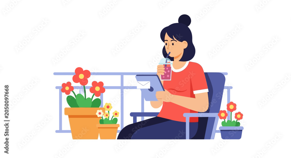 Fototapeta premium Young woman sitting on a balcony working on tablet and drinking. Modern flat vector illustration of remote work, digital lifestyle, and home relaxation.