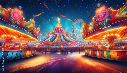 vibrant carnival scene rides games colorful lights at night