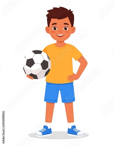 A cartoon boy in a yellow shirt and blue shorts holds a soccer ball