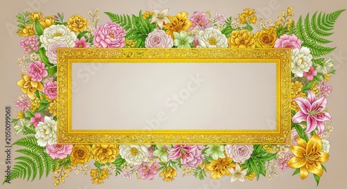 Ornate golden frame surrounded by vibrant floral border illustration