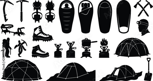 Bild auf Leinwand Outdoor Adventure Gear Icons, Climbing Equipment Set, Camping Essentials Collect
