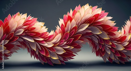 Abstract floral ribbon of red and pink petals with gold edges