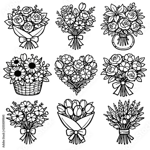 black and white line art floral bouquet illustrations