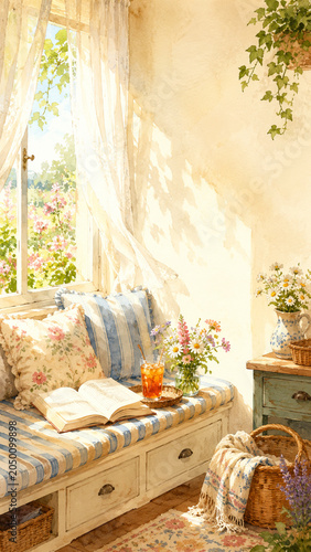 Cozy Sunlit Reading Nook with Floral Decor, Inviting Cushion Seating, and Refreshing Iced Tea on Rustic Window Sill