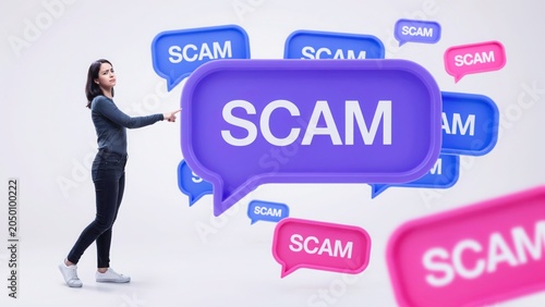 Businesswoman Pointing at Scam Warning Signs in Office with Digital Overlay