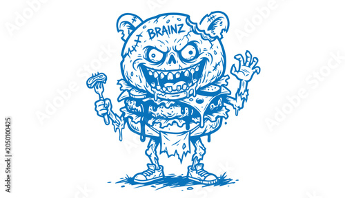 Fényképezés Evil zombie burger monster holding a fork and brains text with character