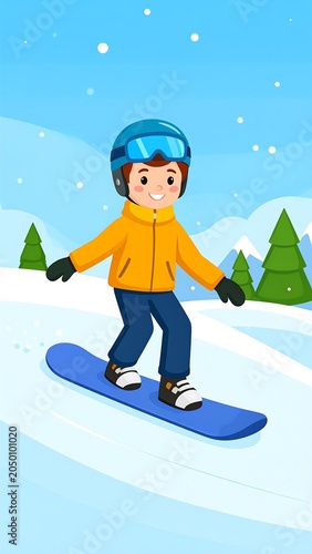 A cartoon boy snowboarding down a snowy hill