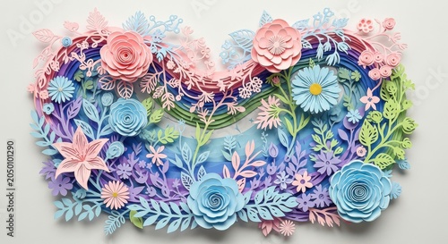 Layered paper craft rainbow floral arrangement with pastel colors