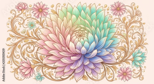 Pastel gradient dahlia illustration with ornate floral scrollwork