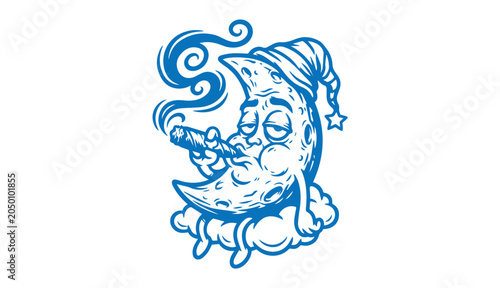 Fotografi Sleepy crescent moon character smoking cigar vector illustration with crescent