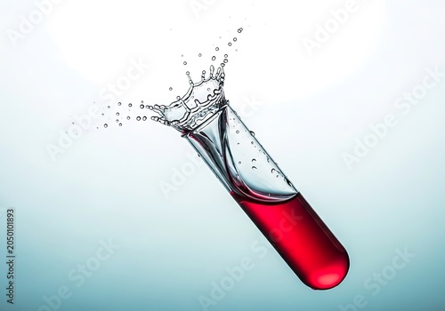 Test tube with red liquid splashing water laboratory science experiment