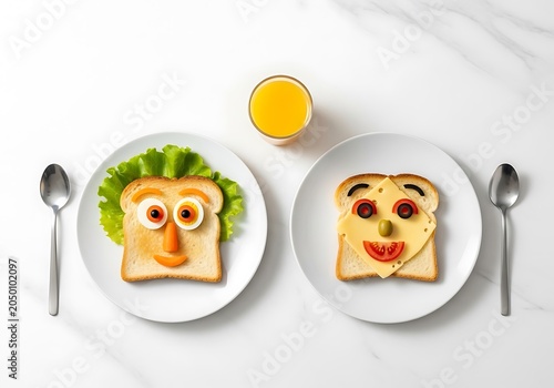 Two plates of creative food for kids with funny faces