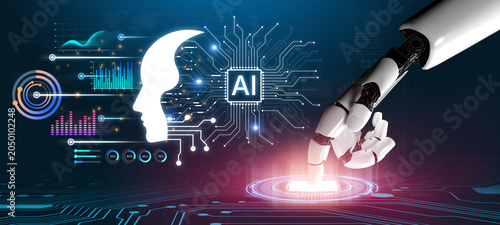 Tableau sur toile Human profile and AI circuit symbolize cognition, learning and data analytics, illustrating decision intelligence, forecasting and innovation for modern business and research