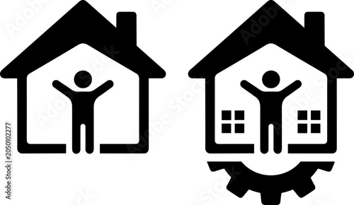 Two house icons with a person inside, one with windows and a gear