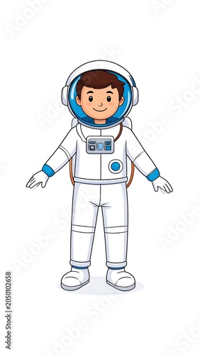 A cartoon boy wearing a white spacesuit with blue accents and a helmet