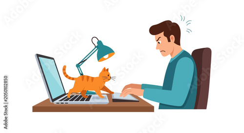 Frustrated Freelancer Man Working from Home Distracted by Cat Walking on Laptop Keyboard, Humorous Home Office Life Vector Illustration