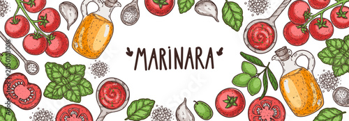 Tableau sur toile Marinara sauce ingredients vector horizontal banner, vintage colored engraving f