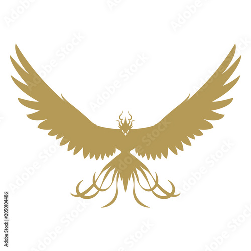 Golden Eagle Falcon Silhouette with Long Decorative Tail Feathers Vector Illustration