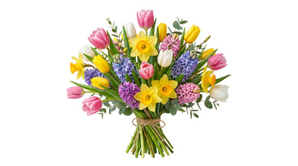 Vibrant spring flower bouquet with colorful tulips and daffodils, fresh floral arrangement for Mother's Day, seasonal bunch of hyacinths and eucalyptus isolated PNG with Transparent Background