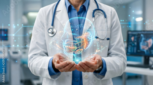Healthcare Innovation: A doctor holds a glowing hologram of a human brain, surrounded by futuristic digital connections, symbolizing advancements in medical science and technology.