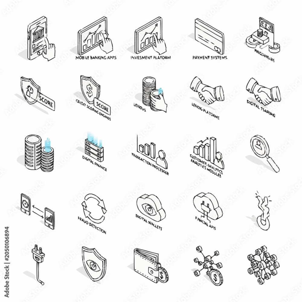 Fototapeta premium Set of isometric icons representing digital finance and online banking services, including mobile payments, security, and data analysis.