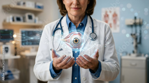 Female doctor in white coat holding virtual eye model in hands, smiling, in modern medical office with blue walls and equipment, representing healthcare and technology.