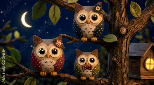 adorable handcrafted figures of owls in tree at night