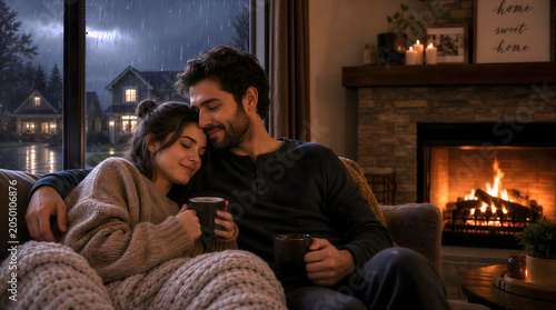 young couple cuddling with cups of coffee on couch by the fireplace while rain falls outside