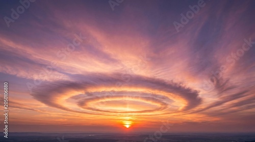 Breathtaking Atmospheric Sunset Sky Background Featuring A Rare Circular Cloud Formation Over The Horizon At Twilight