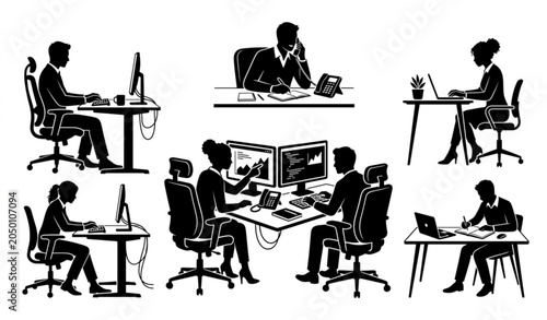 Foto Office workers silhouette collection diverse professionals at desks and meetings