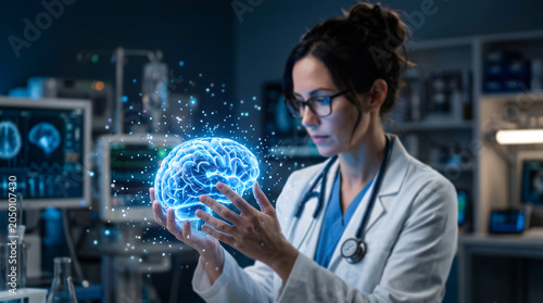 Female scientist in lab coat examining glowing blue brain with futuristic technology and medical equipment in a modern laboratory setting with a sense of innovation and discovery.