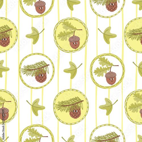 Kawaii seamless pattern with cartoon pinecones, acorns and leaves. Playful mascots in round shapes frames. Retro background with vertical hand drawn lines. Vector endless wallpaper, print on fabric.