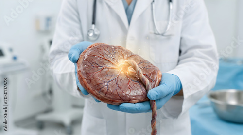 A doctor in a lab coat holding a human kidney with a glowing spot, wearing blue gloves and a stethoscope around neck in a medical setting with equipment.
