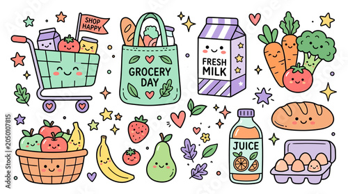 Colorful grocery shopping food items illustration.
