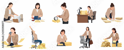 Canvas Print Businesswoman Dealing with Heavy Workload and Paperwork Set of Illustrations