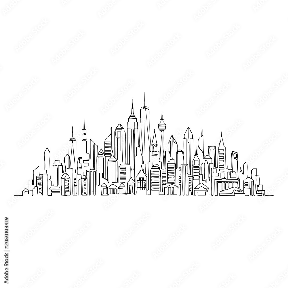 Fototapeta premium Minimalist continuous line drawing of a modern city skyline silhouette with architecture buildings skyscraper landscape continuous minimalist illustration