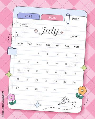 Monthly calender 2026 July with pastel color